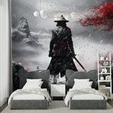 Samurai wall mural bringing bold character to home office with wooden desk setup
