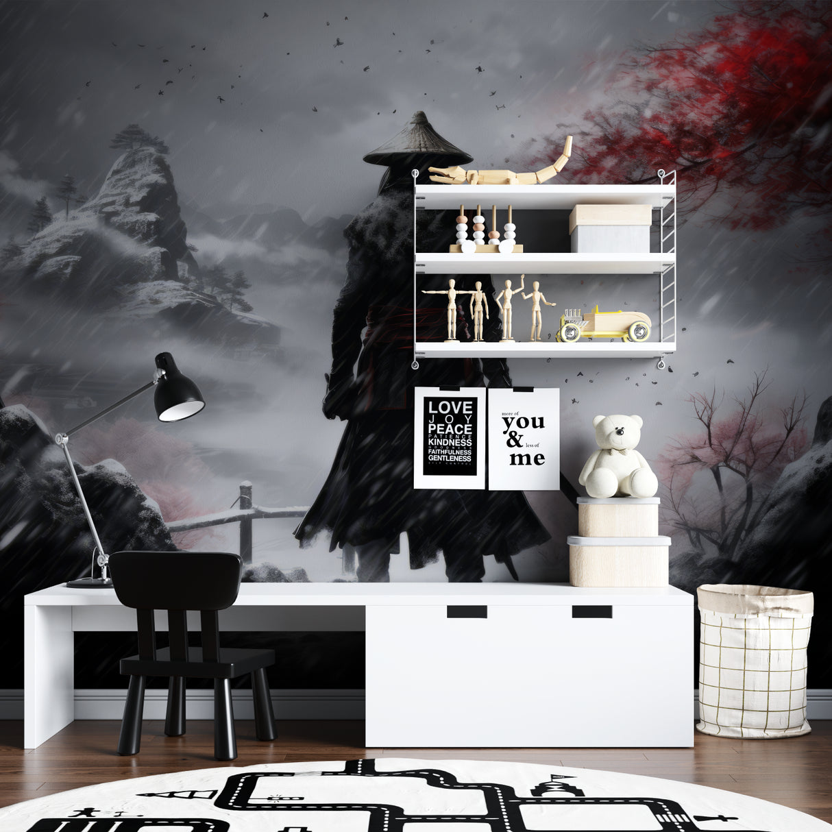 Japanese art wallpaper transforming dining room with dramatic mountain storm scene