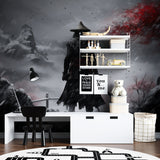 Japanese art wallpaper transforming dining room with dramatic mountain storm scene