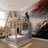 Samurai warrior wallpaper adding depth to meditation room with minimal furniture