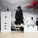 Japanese mural enhancing bedroom wall with dramatic storm and maple leaves design