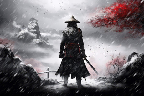 Japanese warrior design file showing detailed samurai silhouette against stormy mountain backdrop with red maple leaves