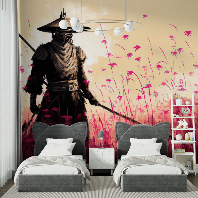 Japanese warrior wallpaper creating dramatic impact in modern living room with pink and black contrasts