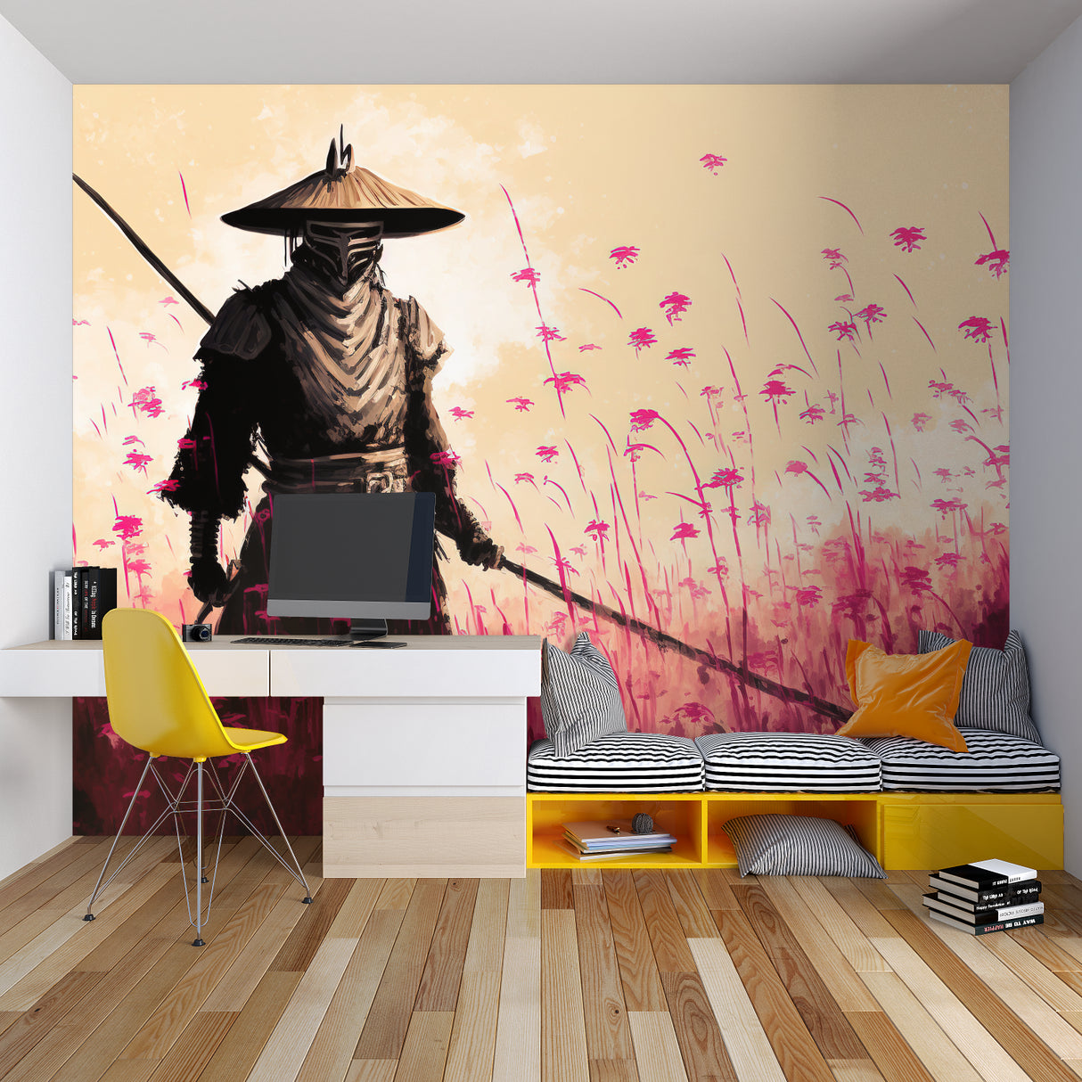 Samurai wall mural adding cultural depth to minimalist bedroom design