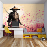 Samurai wall mural adding cultural depth to minimalist bedroom design