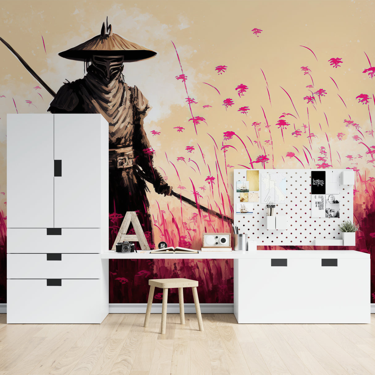 Oriental wall mural transforming home office with elegant Japanese warrior theme