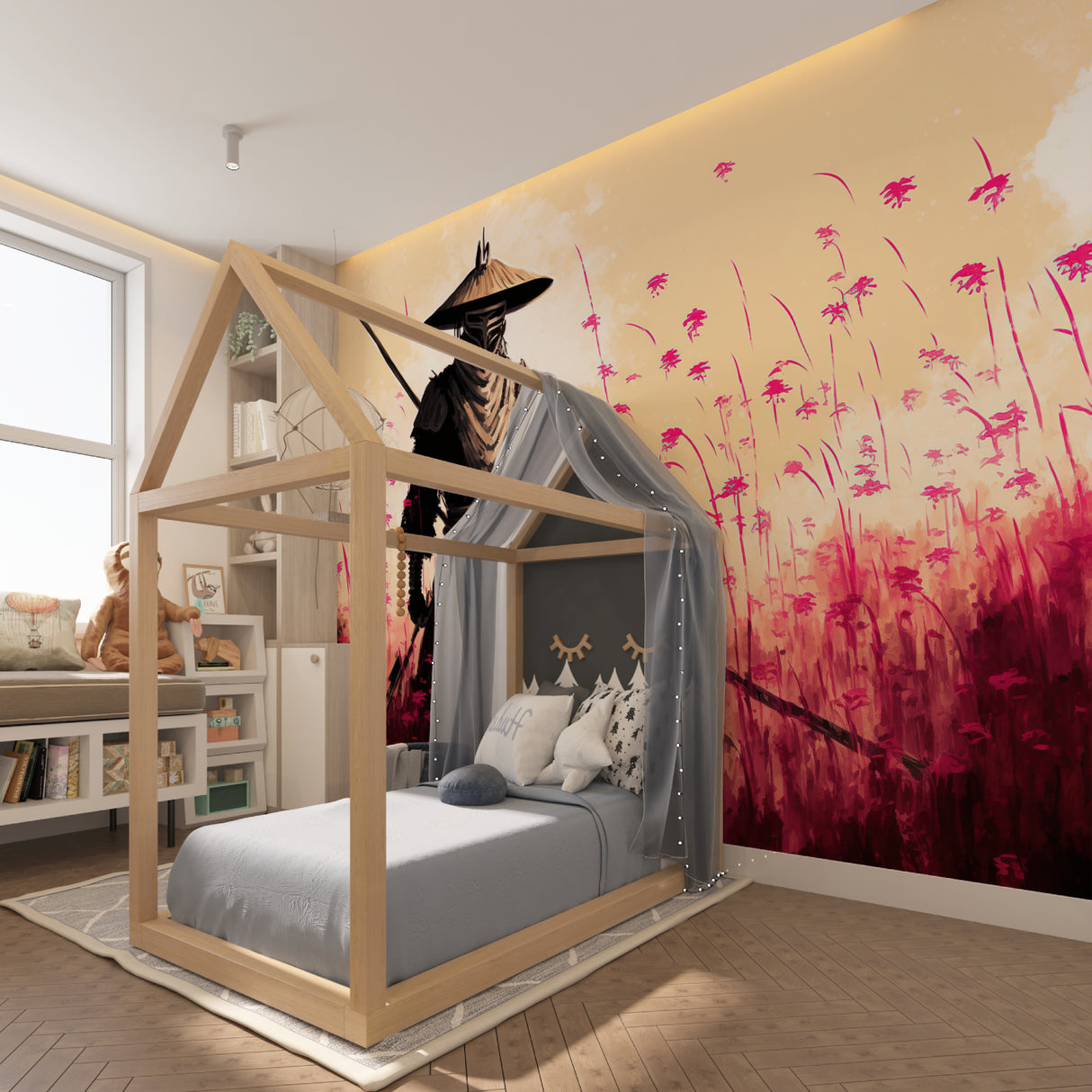 Japanese warrior wallpaper making statement in contemporary dining room