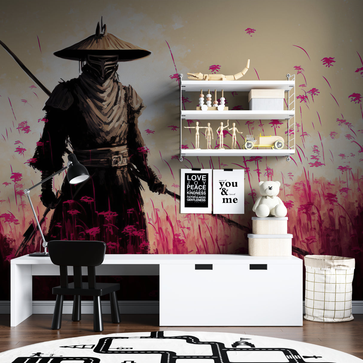 Samurai wall art bringing zen atmosphere to meditation room setting