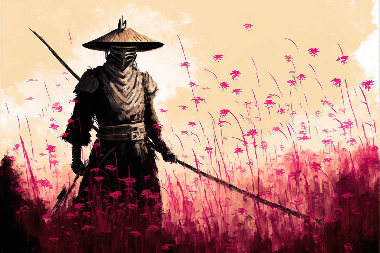 Japanese warrior design file showing detailed pink flower field and samurai silhouette pattern