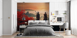 Red maple tree mural bringing warmth to bedroom setting