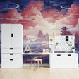 Japanese pagoda wallpaper creating a peaceful atmosphere in a modern living room with minimal furniture
