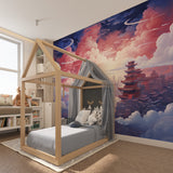 Sunset temple mural transforming a bedroom into a serene Japanese sanctuary