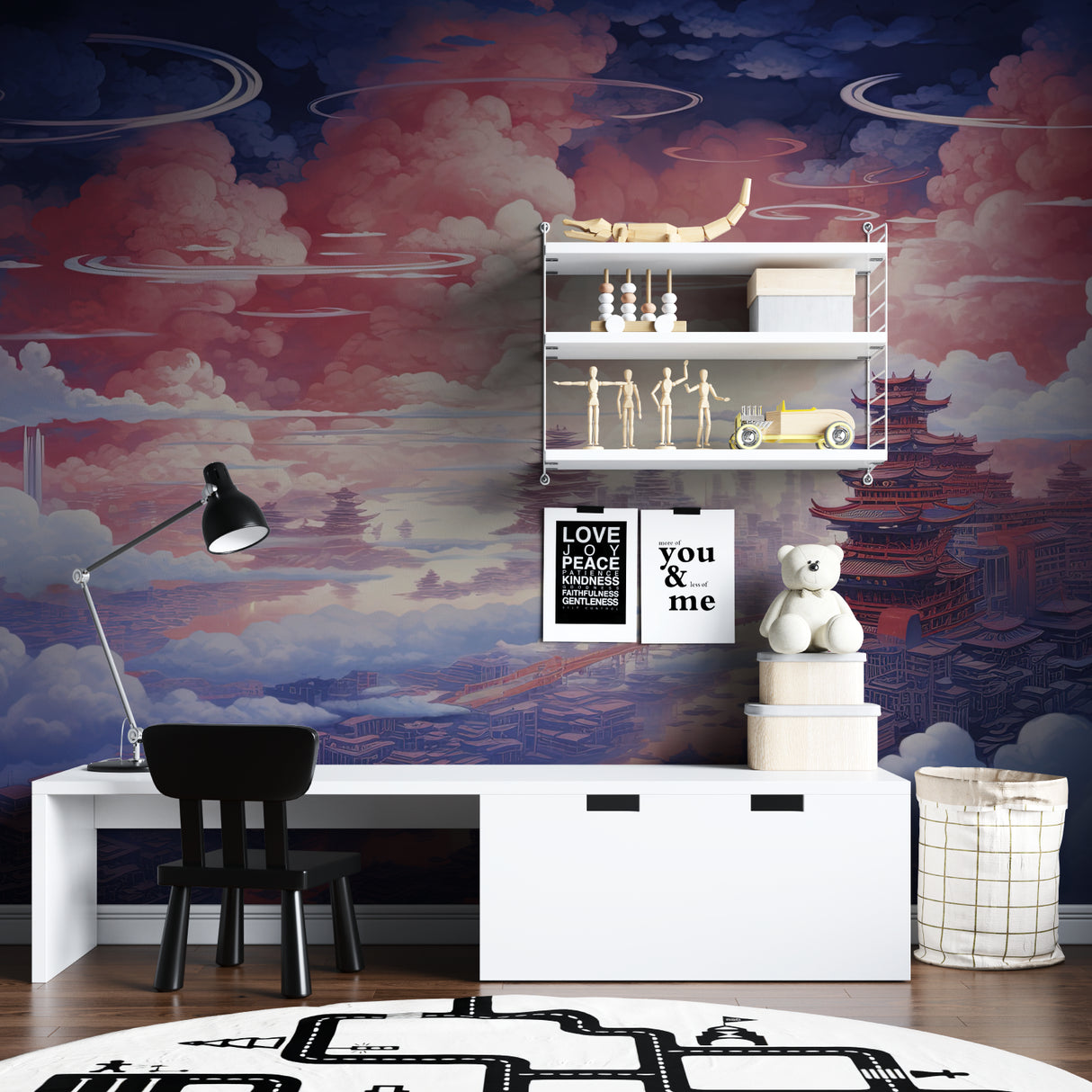 Japanese landscape wallpaper bringing warmth to a meditation room setting