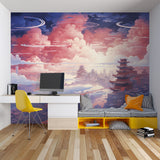 Oriental pagoda mural creating depth in a dining room with ambient lighting
