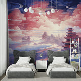 Temple wall mural adding Asian charm to a home office space