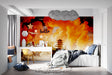 Japanese temple wallpaper creating a striking focal point in a modern living room with orange sunset glow