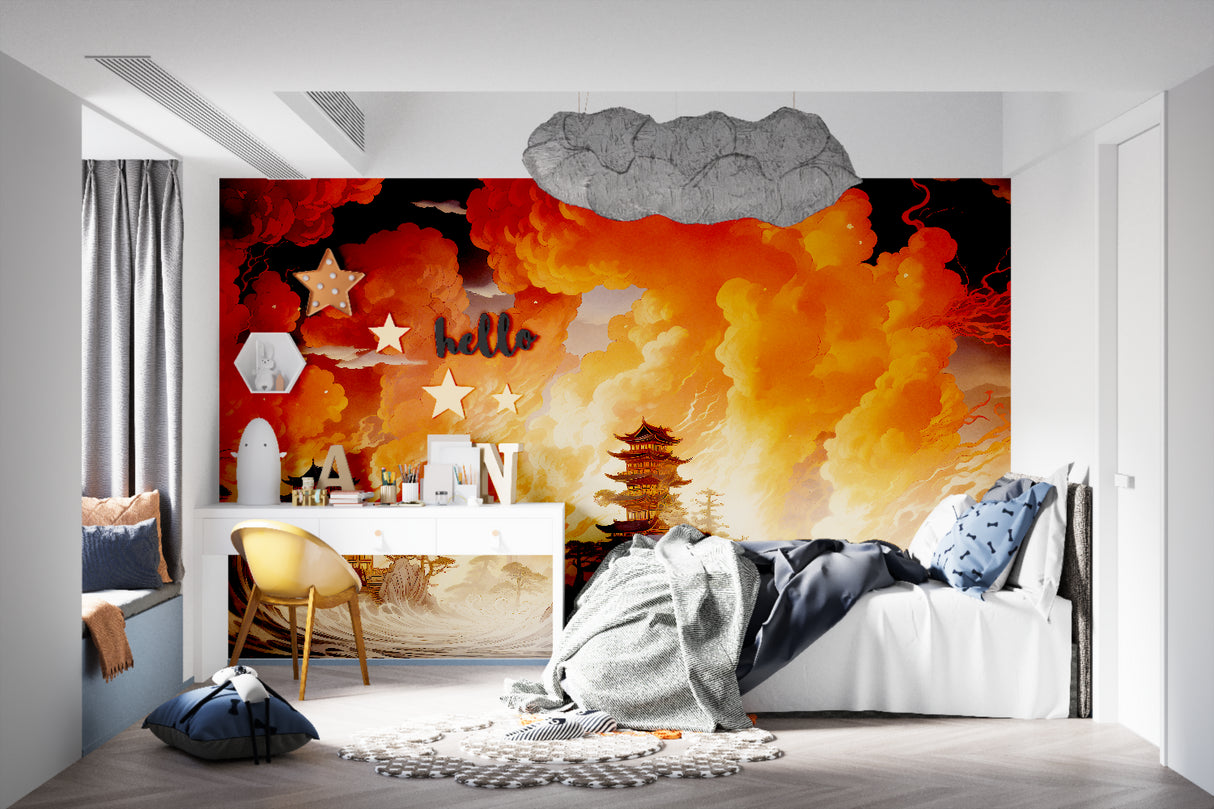 Japanese temple wallpaper creating a striking focal point in a modern living room with orange sunset glow