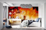 Japanese temple wallpaper creating a striking focal point in a modern living room with orange sunset glow
