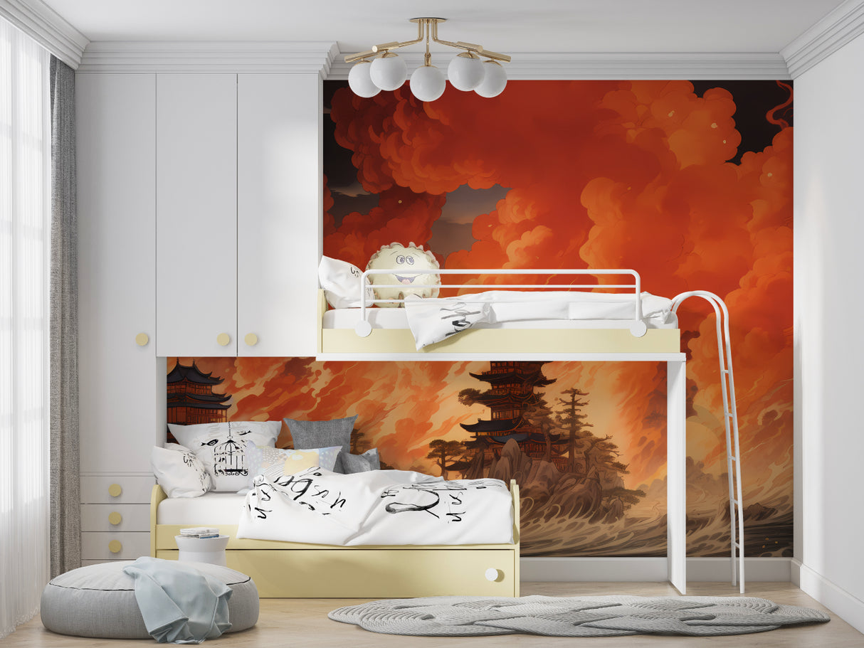 Dramatic Japanese temple mural transforming a meditation room with warm sunset colors