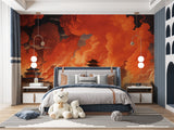 Asian temple wallpaper bringing depth to a minimalist bedroom with orange sky
