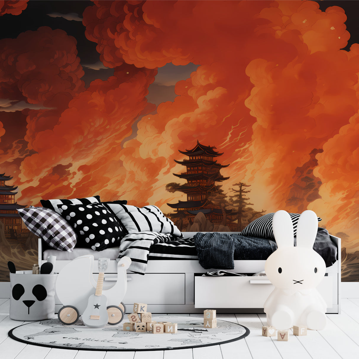 Japanese sunset mural making a statement in a contemporary dining room