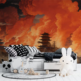Japanese sunset mural making a statement in a contemporary dining room