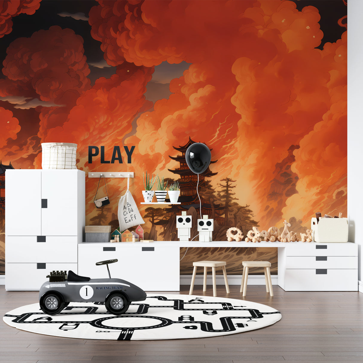 Temple silhouette wallpaper creating atmosphere in a zen-inspired office space