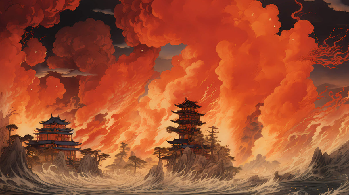 Japanese temple design file showing detailed sunset sky and architectural elements