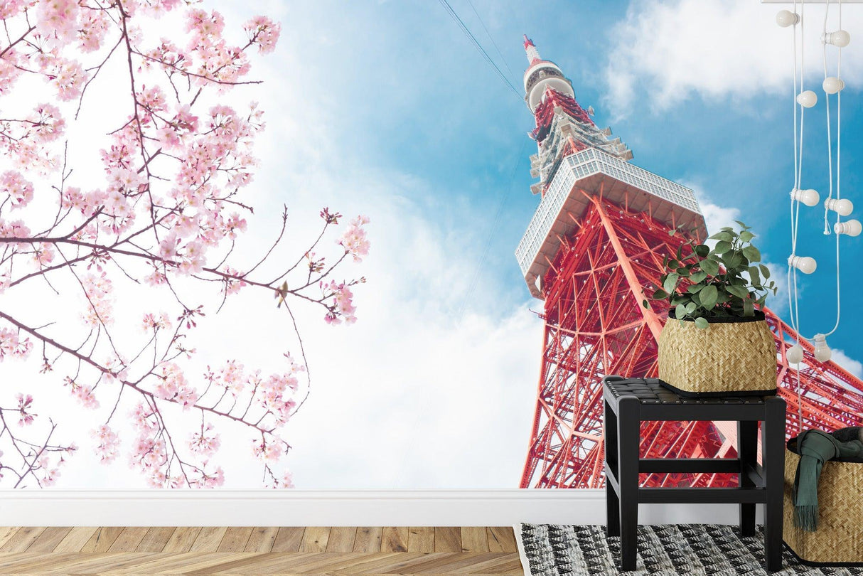 Japanese wall mural featuring Tokyo Tower in modern living room with grey sofa and minimalist decor