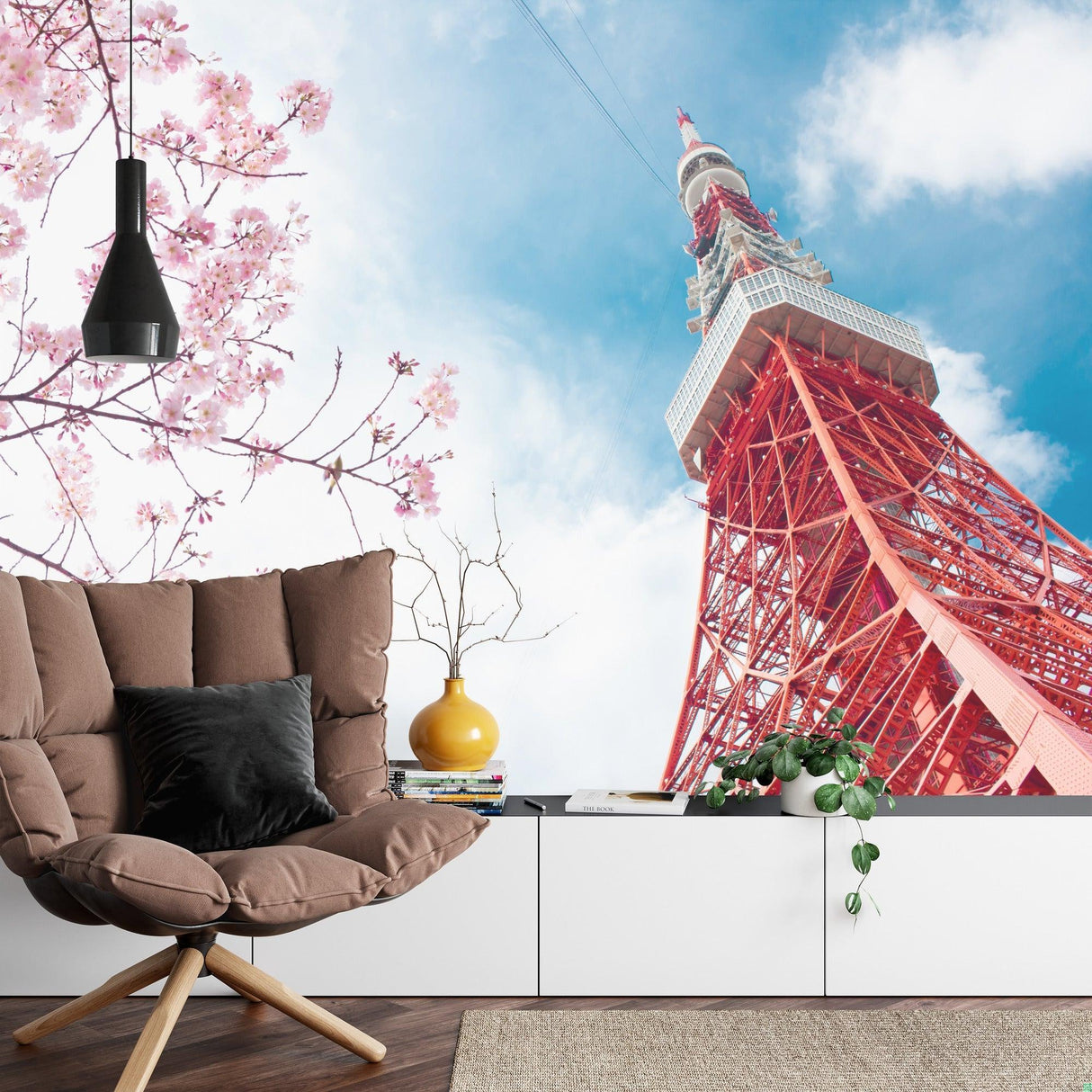 Cherry blossom wallpaper with Tokyo Tower in bright dining room setting