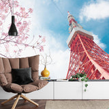 Cherry blossom wallpaper with Tokyo Tower in bright dining room setting