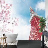 Japanese mural wallpaper in home office showing Tokyo Tower at sunset