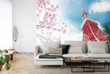 Tokyo Tower wall mural in bedroom with contemporary Japanese furniture