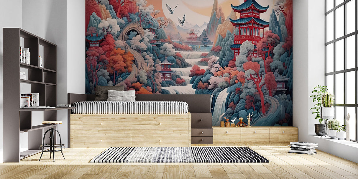 Japanese pagoda wallpaper in entrance hall with natural lighting