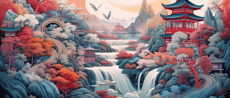 Japanese landscape design file with pagoda and cherry blossoms showing intricate pattern details
