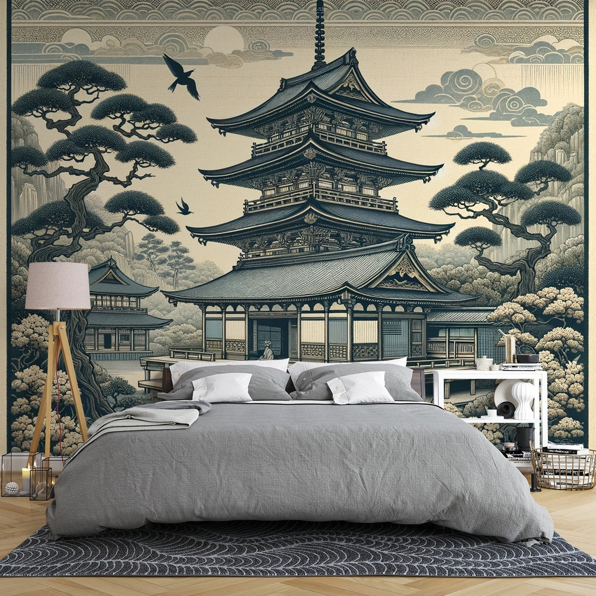 Japanese temple wallpaper creating a peaceful atmosphere in a modern living room with minimalist furniture