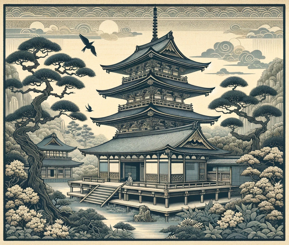 Japanese temple art design file showing detailed pagoda and misty landscape pattern
