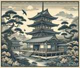 Japanese temple art design file showing detailed pagoda and misty landscape pattern