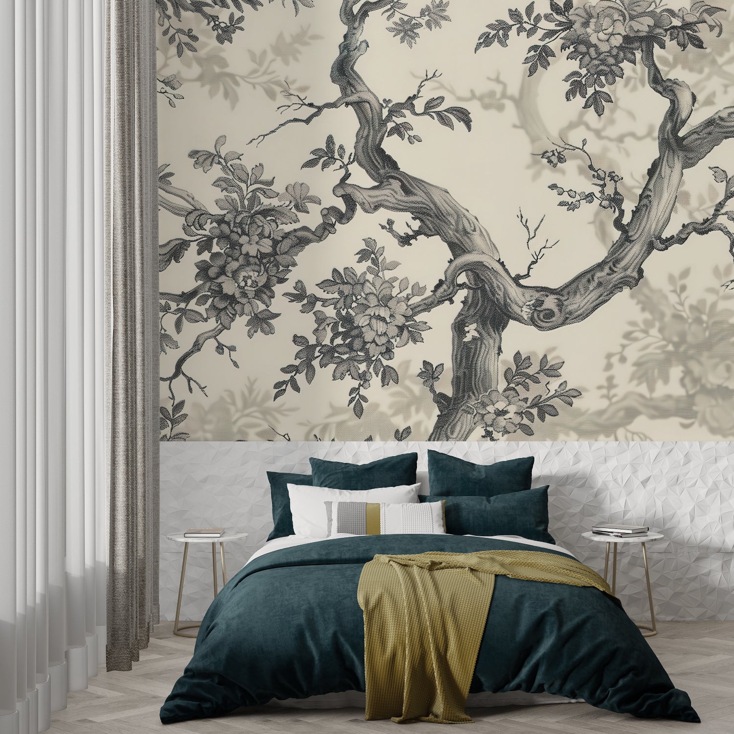 Japanese floral tree mural wallpaper in modern living room with grey sofa and natural light