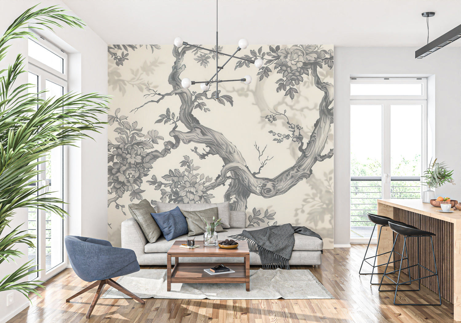 Oriental tree wallpaper creating calm atmosphere in master bedroom setting