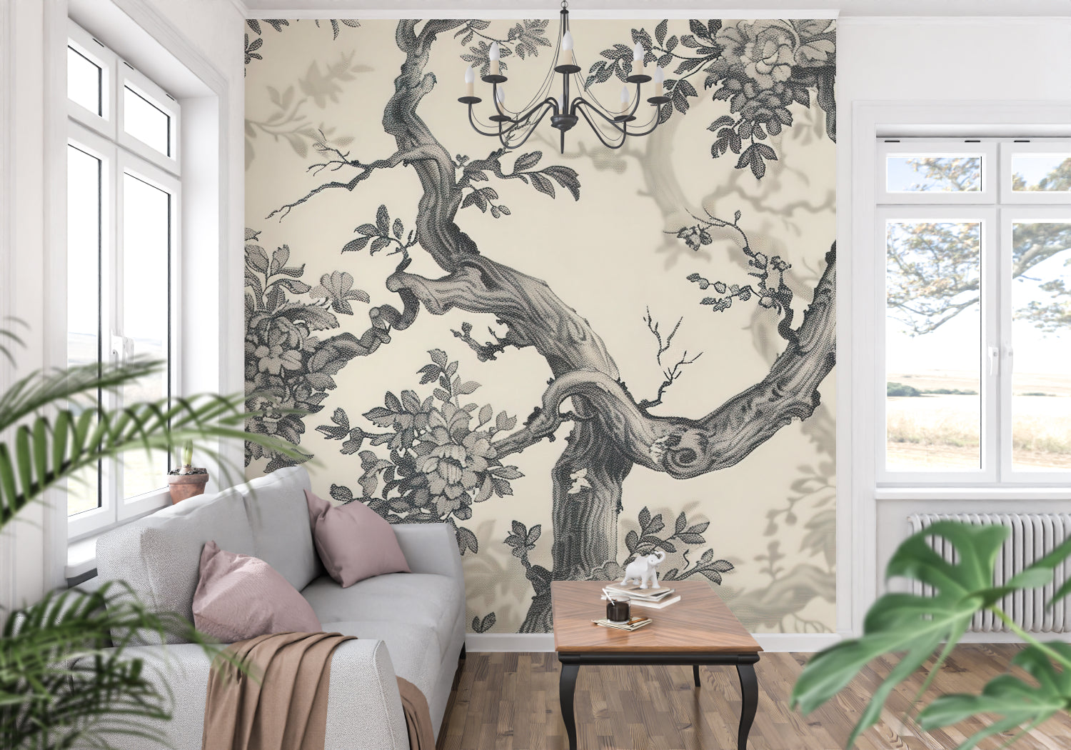 Vintage Japanese wallpaper adorning dining room wall with minimal furniture