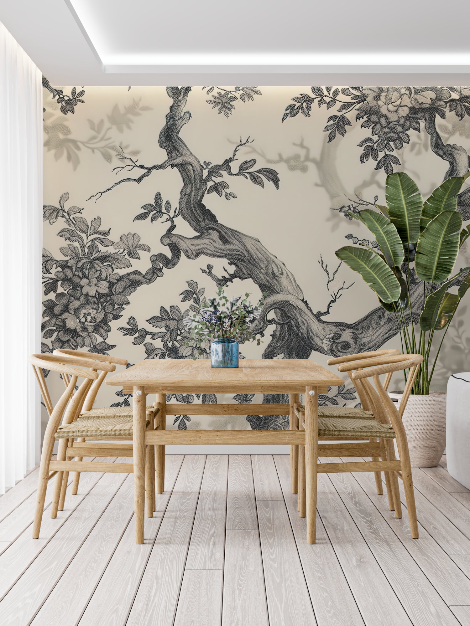 Japanese floral mural in home office showing scale and detail of tree branches