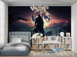 Japanese warrior wallpaper creating dramatic atmosphere in modern gaming room with purple LED lighting
