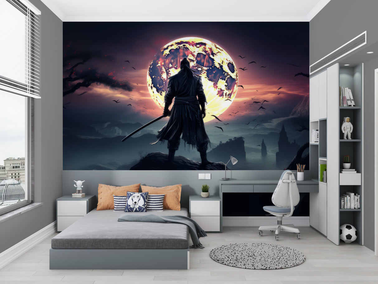 Samurai silhouette mural bringing Asian flair to minimalist living room