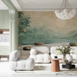 Japanese bamboo lake wallpaper creating zen atmosphere in modern living room with minimalist furniture