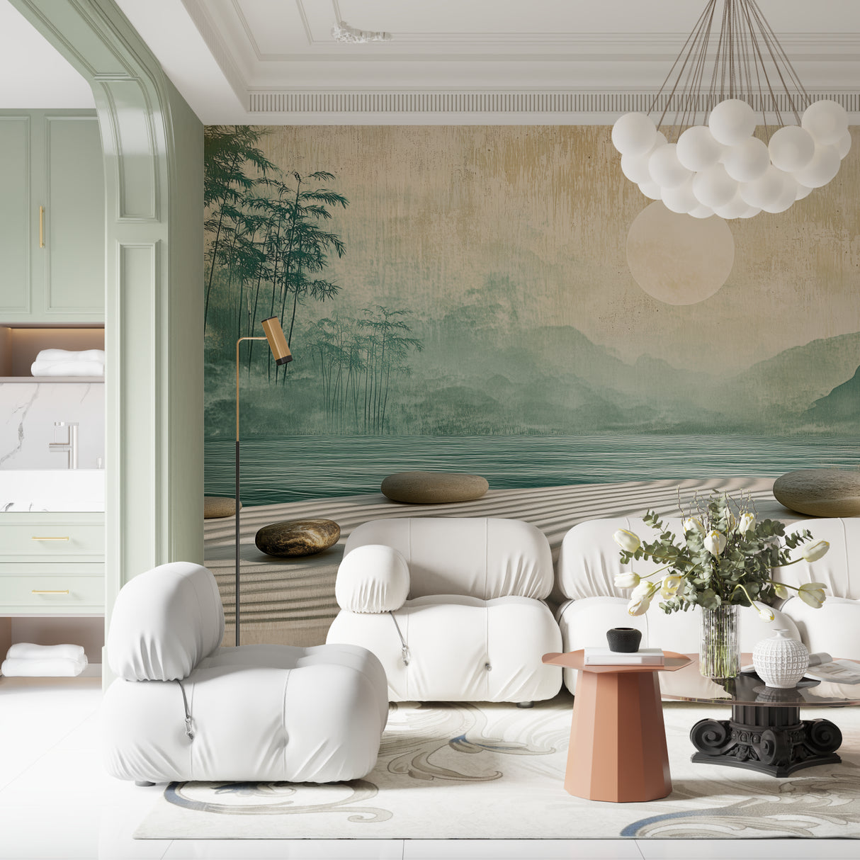 Japanese bamboo lake wallpaper creating zen atmosphere in modern living room with minimalist furniture