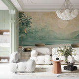 Japanese bamboo lake wallpaper creating zen atmosphere in modern living room with minimalist furniture