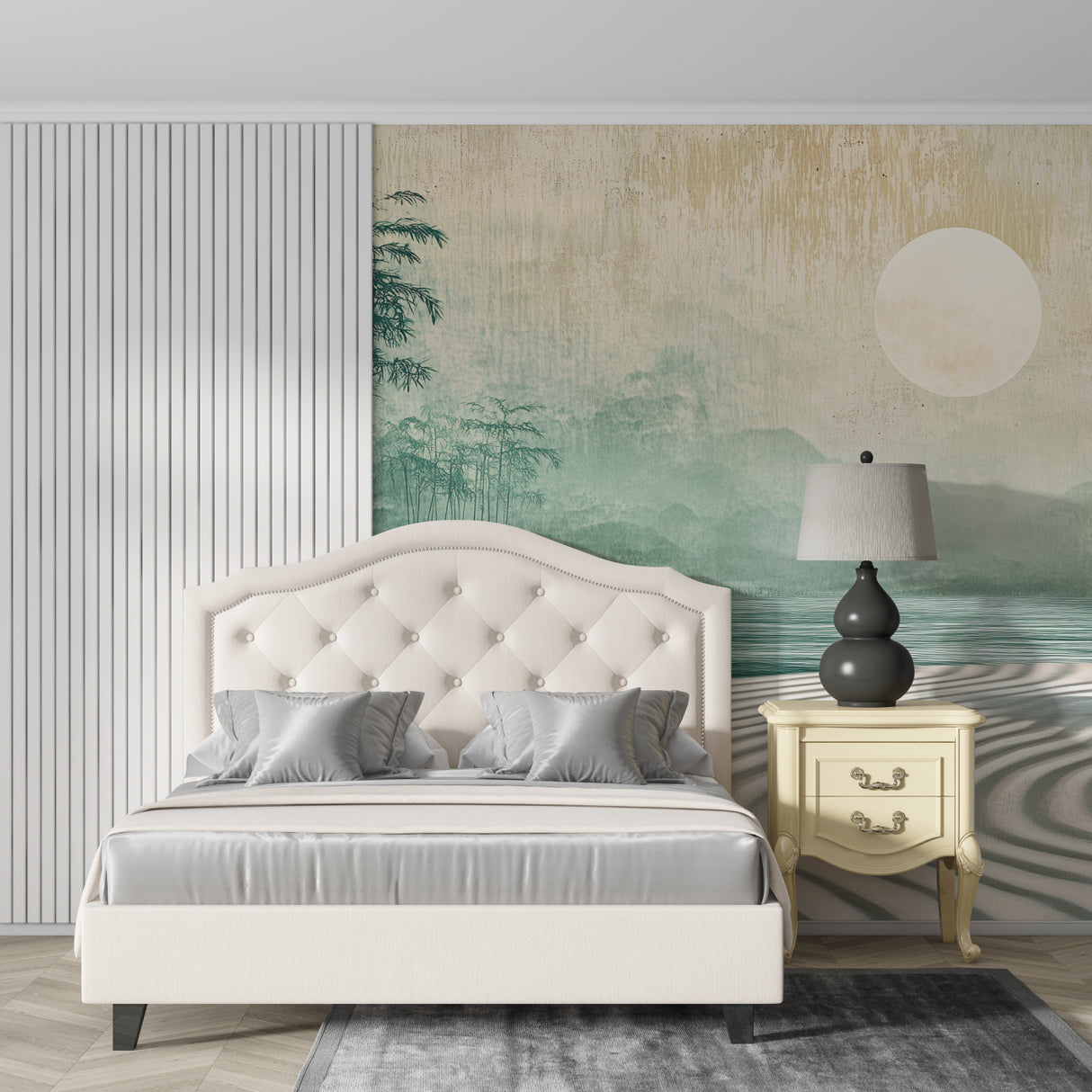 Zen bamboo wall mural bringing serenity to meditation room with natural light