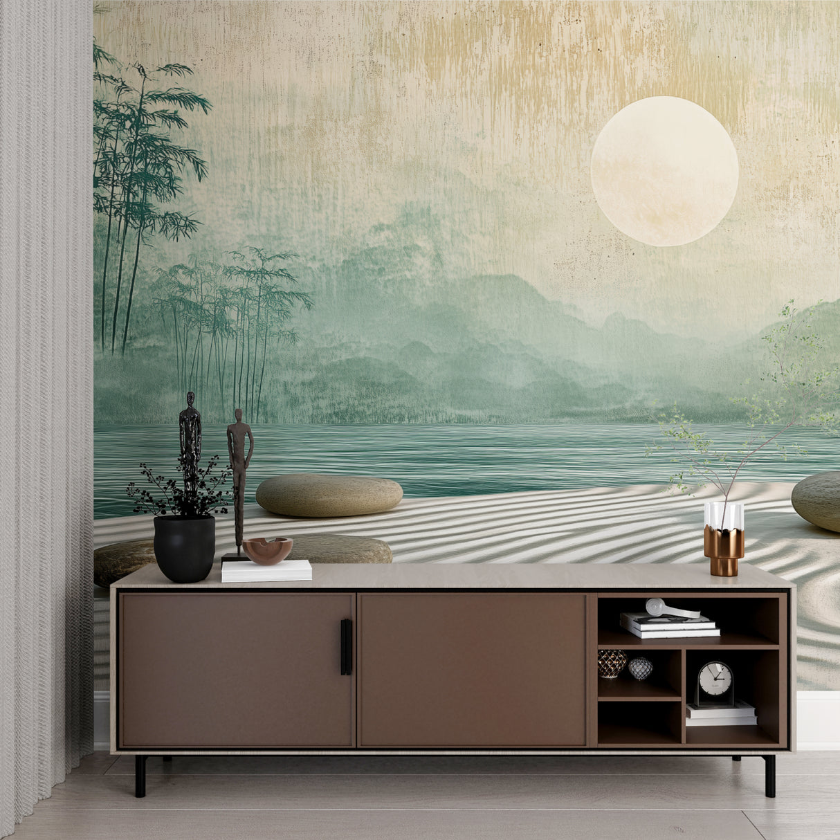 Oriental bamboo lake scene transforming master bedroom into peaceful retreat