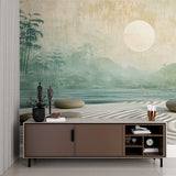 Oriental bamboo lake scene transforming master bedroom into peaceful retreat
